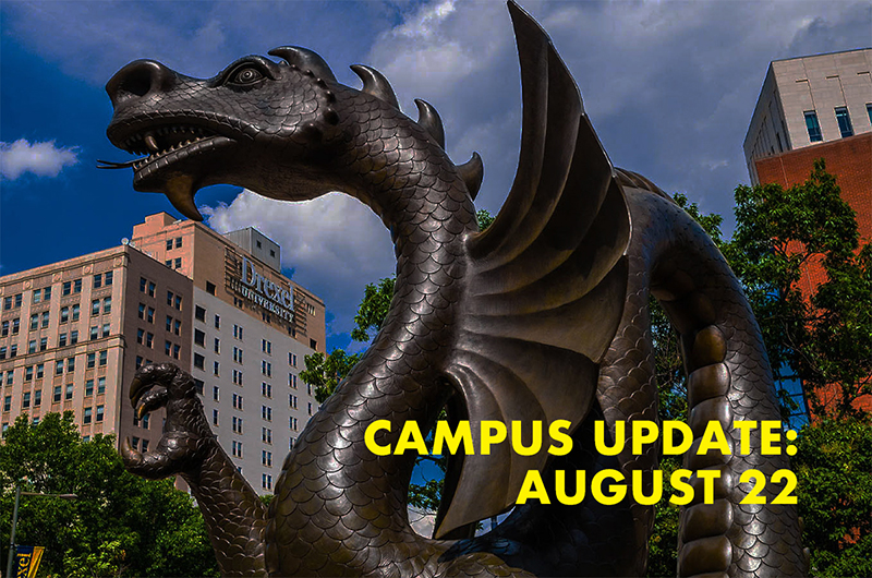 Dragon statue with the words Campus Update August 22